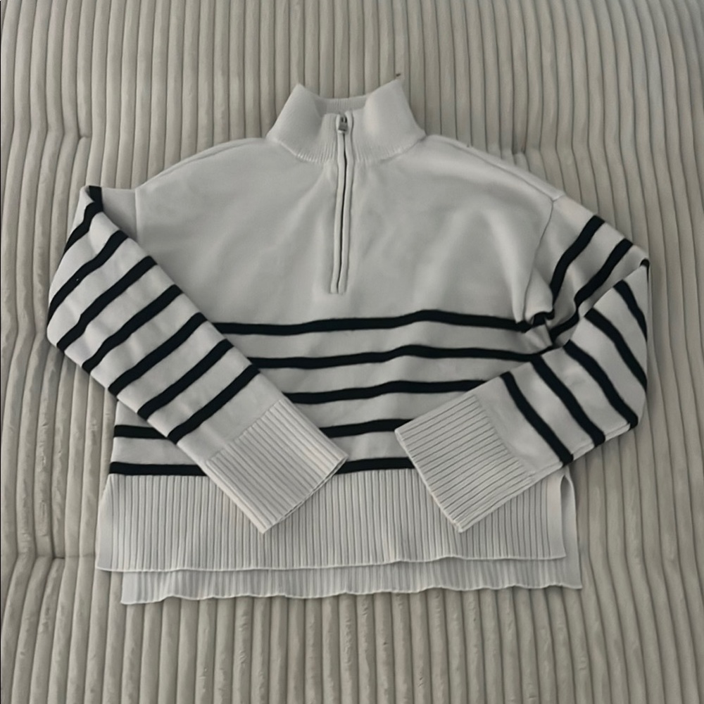 White and Black Striped Half-Zip Sweater